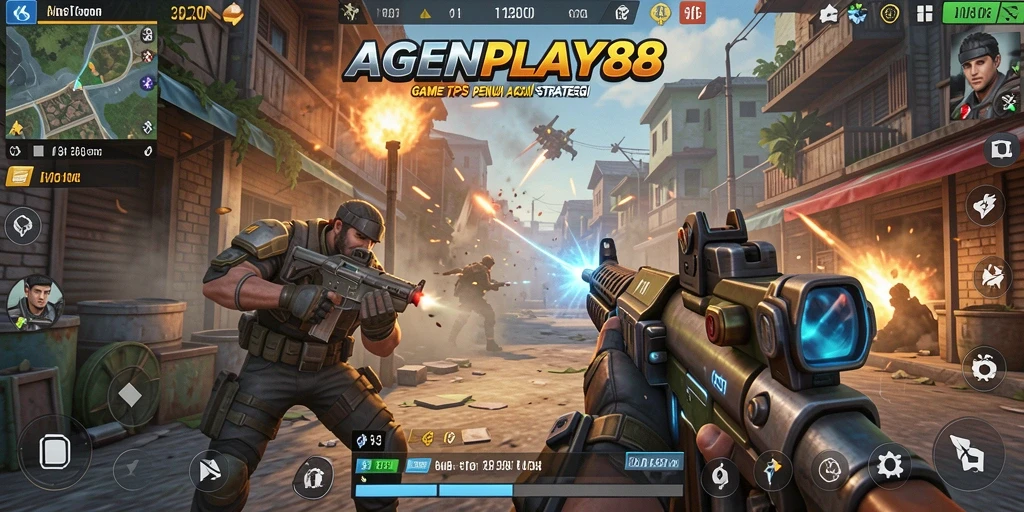 Tampilan gameplay AGENPLAY88 yang intens dan penuh aksi dalam mode TPS.