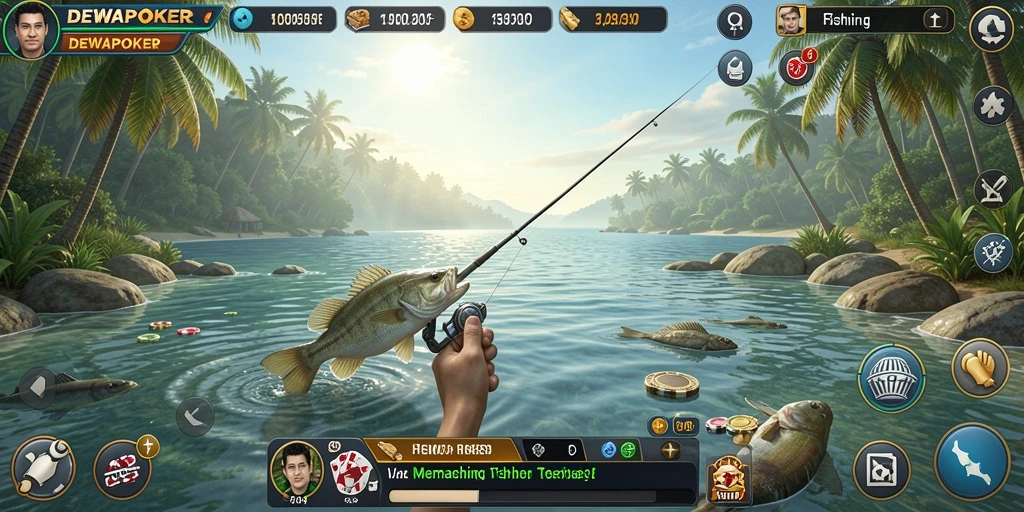 Gameplay DEWAPOKER menampilkan aksi memancing yang mendebarkan di berbagai lokasi.