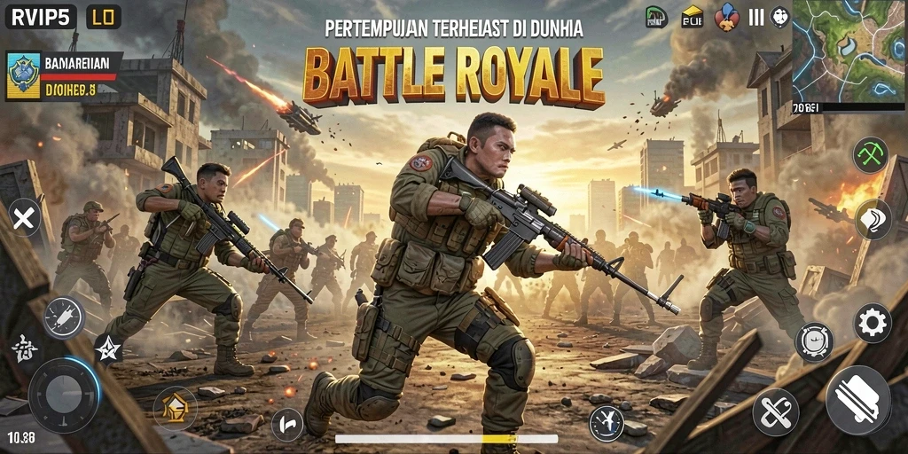 Screenshot gameplay RVIP5 menampilkan aksi pertempuran Battle Royale yang intens.